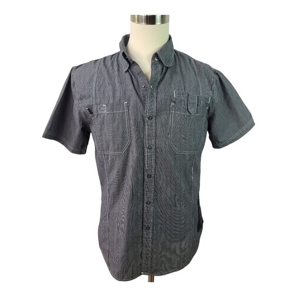 Harley Davidson H-DMC Skull Black White Stripe Short Sleeve Snap Button Shirt L - Picture 1 of 5
